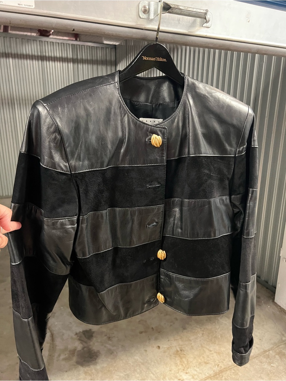Vakko Black Mixed-Media Bomber Jacket with Gold Buttons